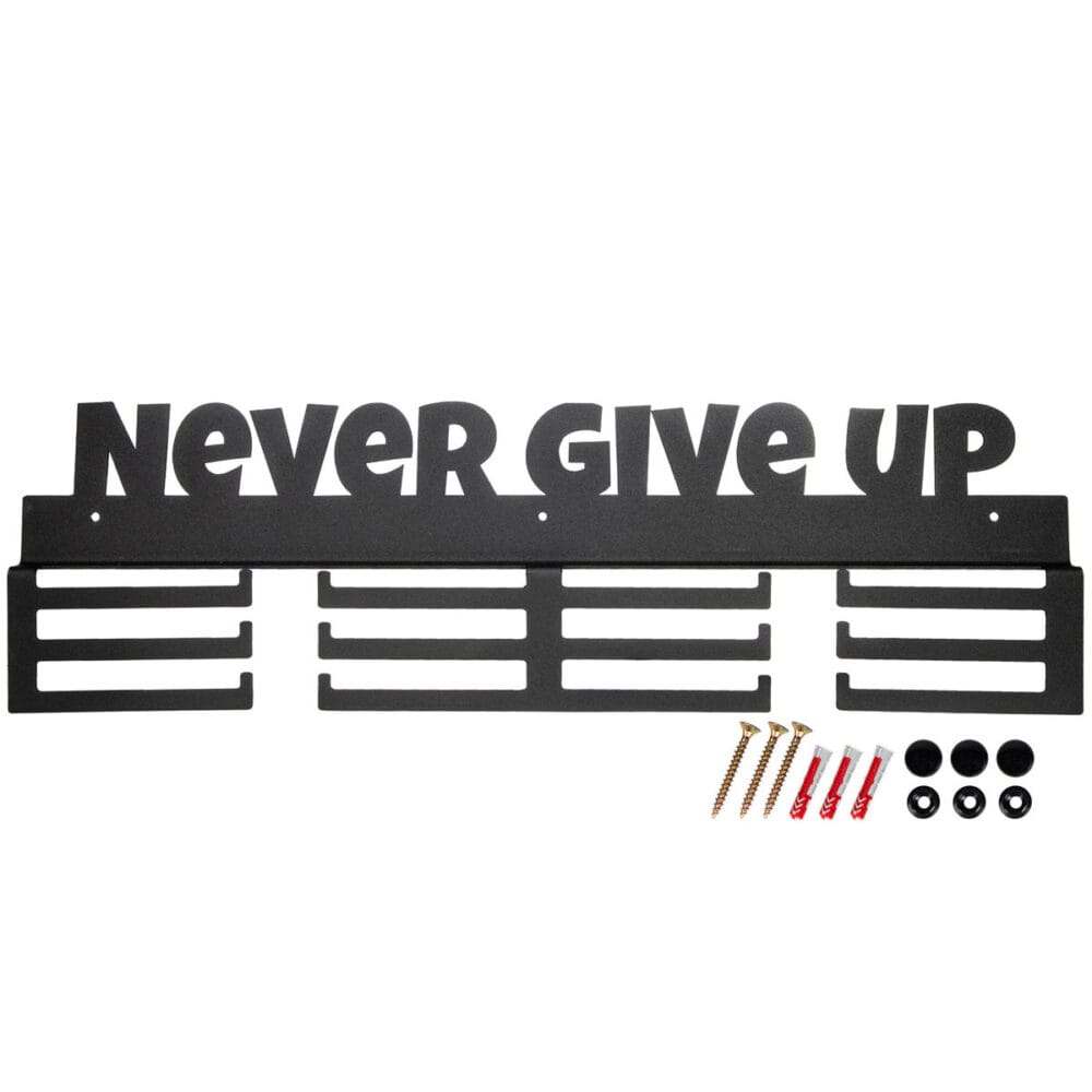 Wieszak na medale czarny z napisem Never give up